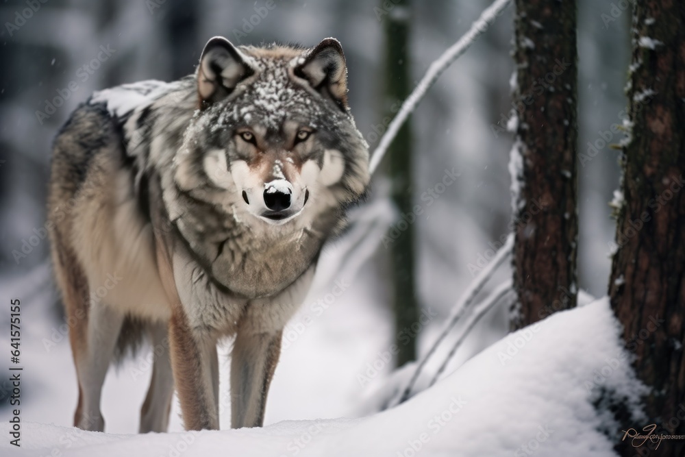 Lone Wolf Navigating Through Snowy Pine Wonderland
