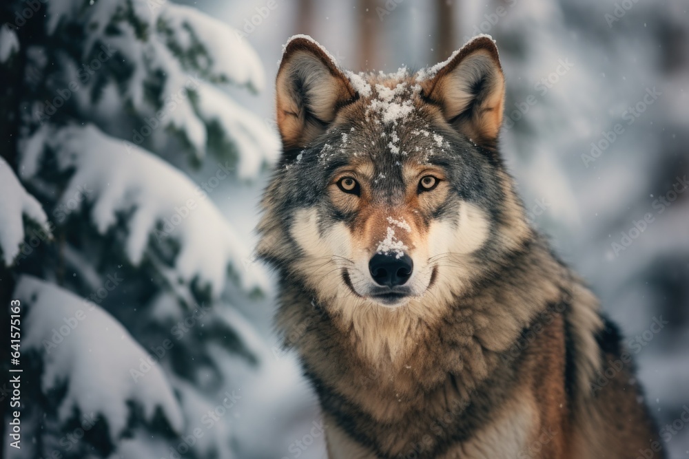 Majestic Wolf Amid Snow-Covered Pine Forest
