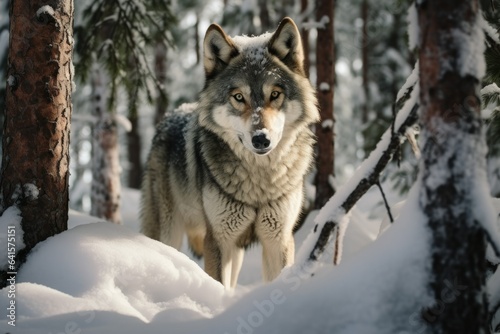 Winter's Sentinel_Wolf In Snow Laden Pine Forest
