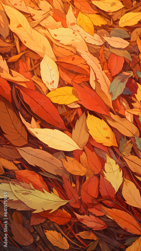 Close-up illustration of a pile of fallen leaves, which are colorful and crunchy, a reminder of the passage of time
