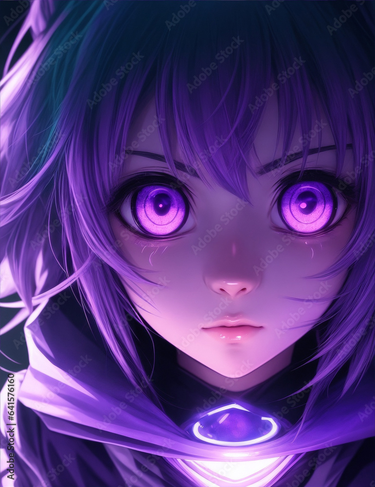 Anime girl with glowing eyes and a purple light on her face. Generative AI.