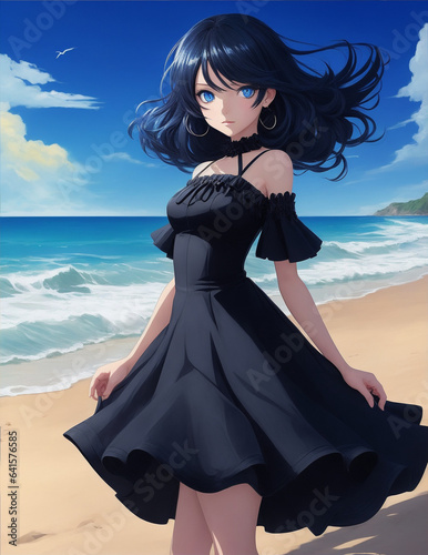 A girl with a blue eyes and a black dress stands on a beach. Generative AI.