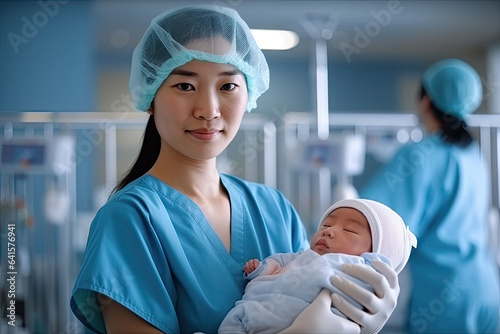 Cute asian female doctor or nurse is holding small infant. Newborn baby in hospital.Generative AI