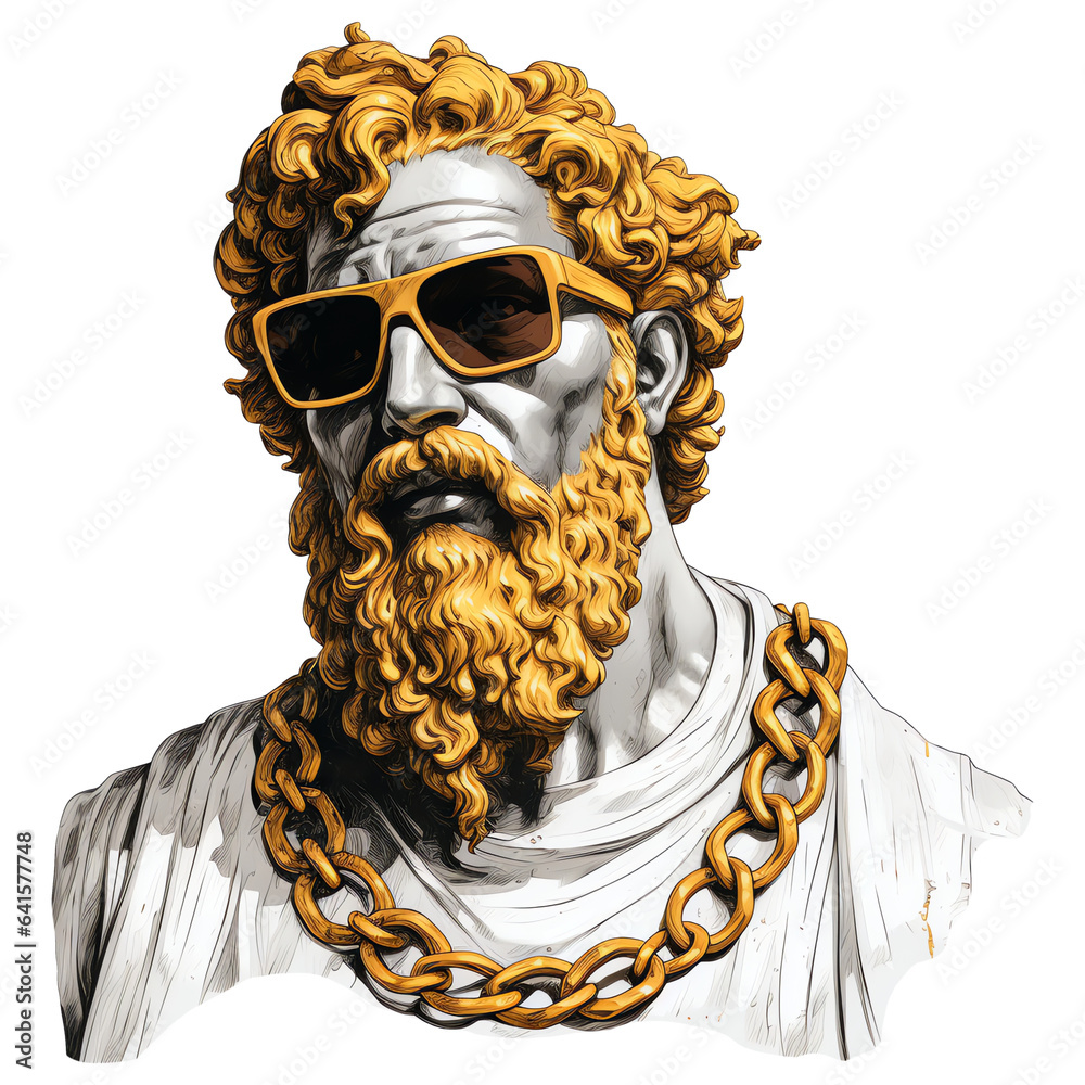Greek statue with gold chain, sunglasses and hair isolated on ...