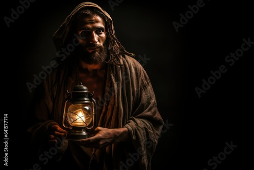 The Savior's Journey: A Moving Depiction of Jesus Carrying a Rustic Kerosene Lamp, Symbolizing His Mission Amid the Shadows 
