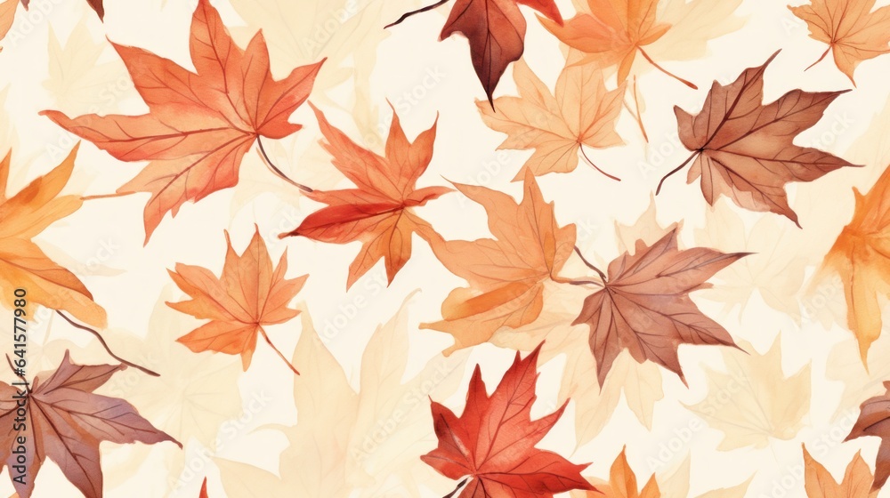 Beautiful seamless autumn pattern with watercolor colorful maple leaves