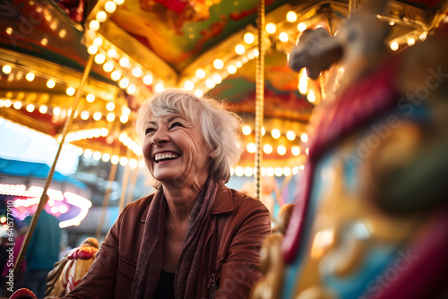 happy retired seniorwoman at fairground enjoying retirement