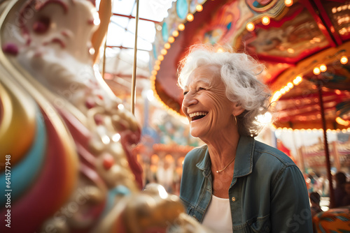 happy retired seniorwoman at fairground enjoying retirement