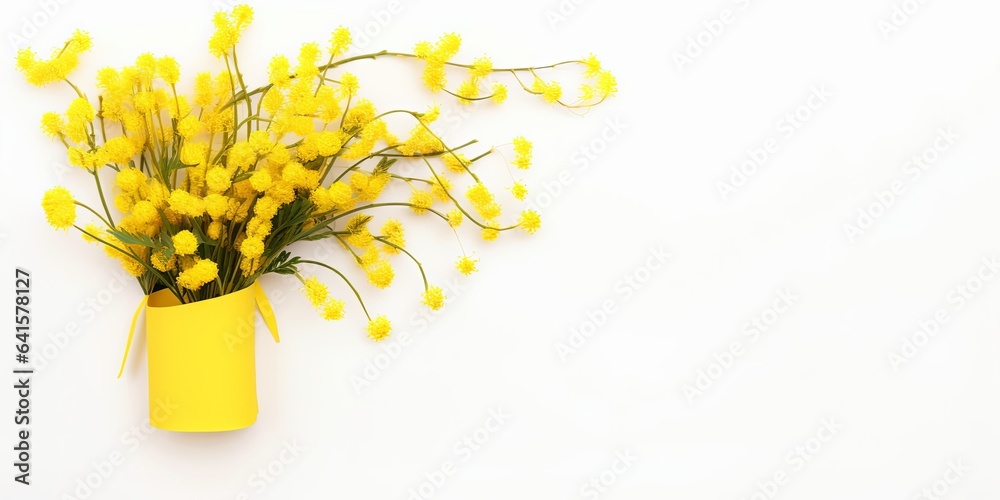 Top view image of spring yellow mimosa flowers composition over white isolated background, Generative AI - obrazy, fototapety, plakaty 