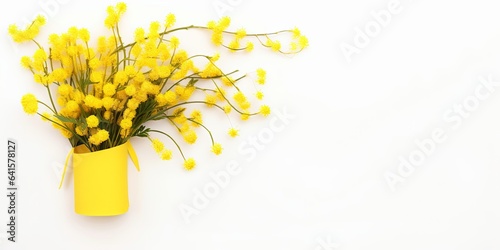 Top view image of spring yellow mimosa flowers composition over white isolated background, Generative AI