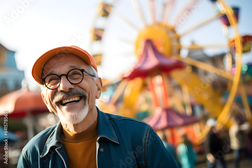 happy retired senior man at theme park enjoying retirement