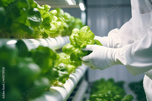 Gloved hands of worker of contemporary vertical farm over green lettuce seedlings growing on upper shelf during quality check-up