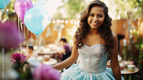 Happy 15 year old girl celebrating her Quinceanera photo