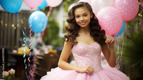 Happy 15 year old girl celebrating her Quinceanera photo