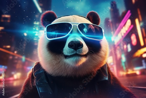Futuristic Furry Explorer: A Panda Embracing Virtual Reality with VR Glasses, Set Against a Backdrop of Neon Lights 