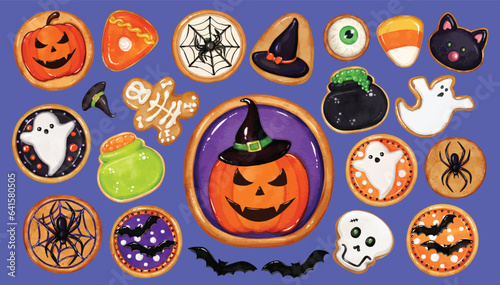 Watercolor Halloween cookies isolated vector elements set . Colorful spooky Halloween trick or treat sweets clipart