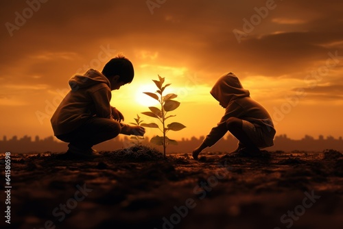 Blooming Futures: Kids Planting Together at Dusk 