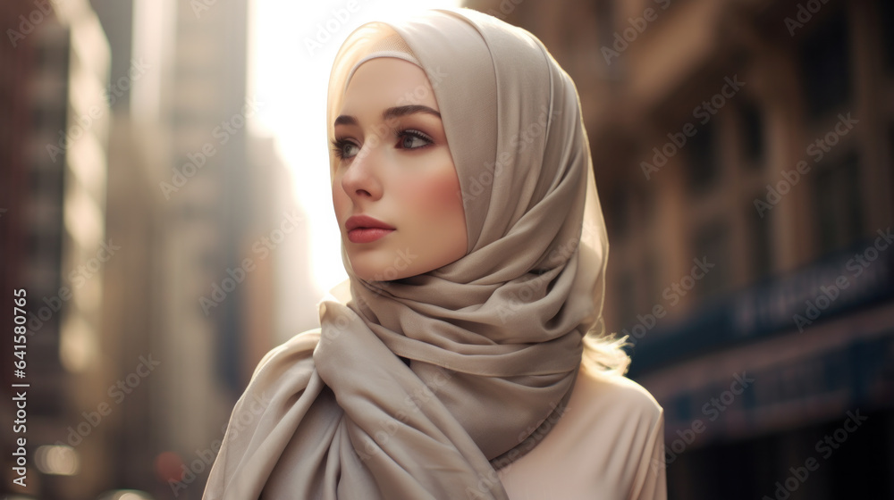 Stylish Muslim woman outdoors low angle portrait