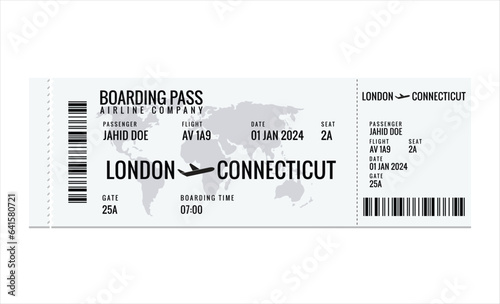 Realistic airline ticket design with passenger name. Vector illustration on white background.