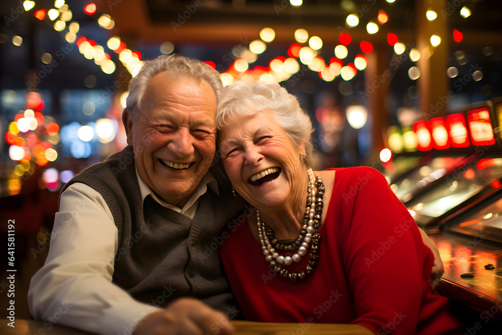 happy retired senior couple at the casino enjoying retirement
