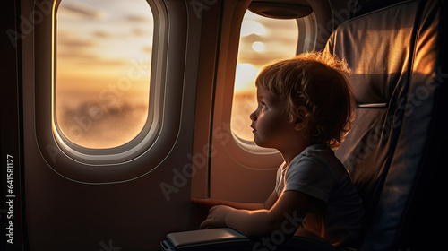Side view of calm kid sitting on chair looking out the windows in plane