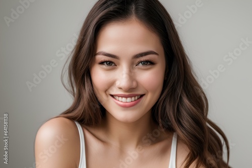 a woman with a smile on her face and a white tank top on her shirt is smiling at the camera