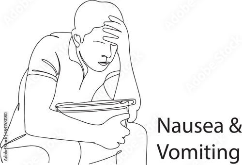 Nausea and Vomiting Symptom - One Line Vector Art, Minimalist Nausea and Vomiting Illustration, Sickness Symptoms - One Line Nausea and Vomiting Art