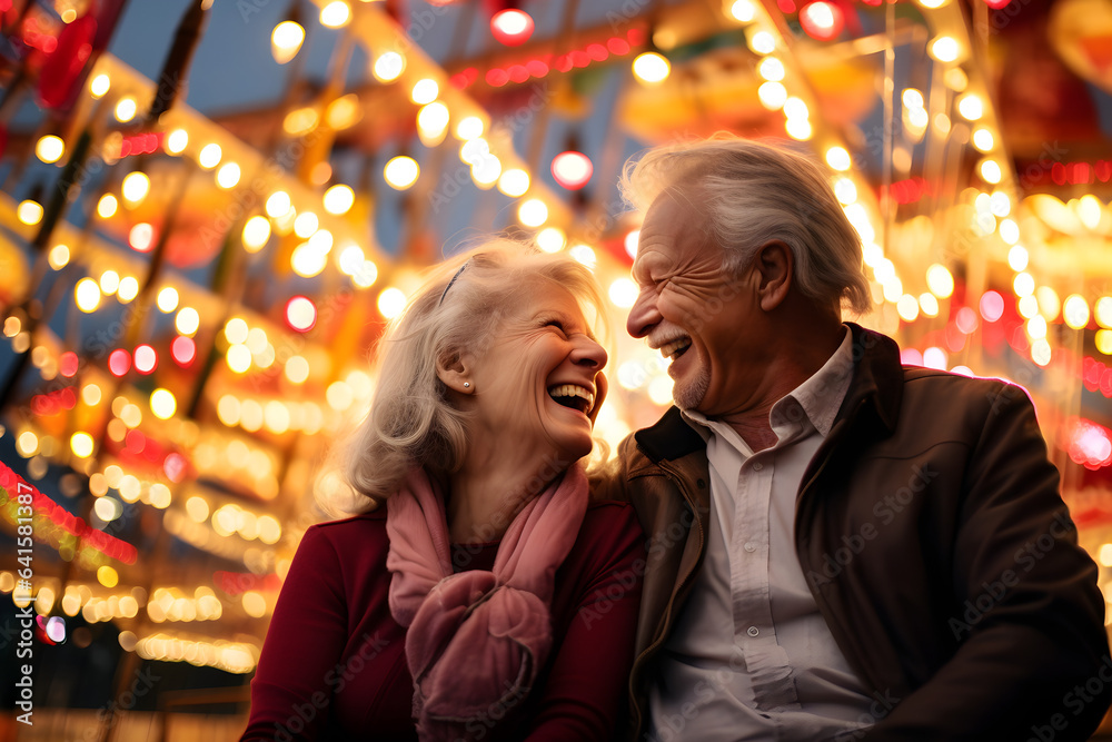 happy retired senior couple at fairground enjoying retirement