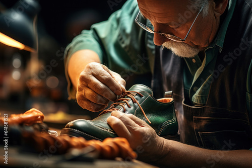 An elderly shoemaker at work in a workshop