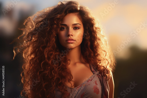 Young woman with long curly hair looking at the camera