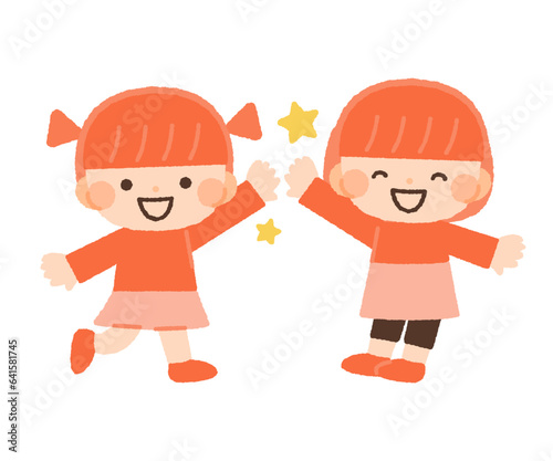 子供・女の子がハイタッチをするイラスト素材