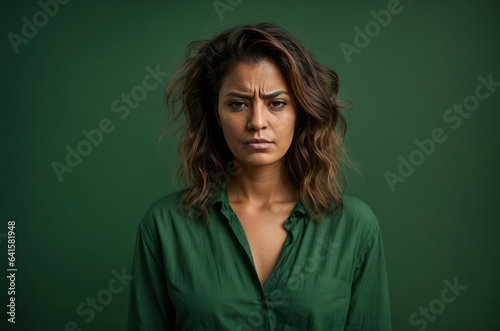 A woman in a bad mood, isolated on a green studio background