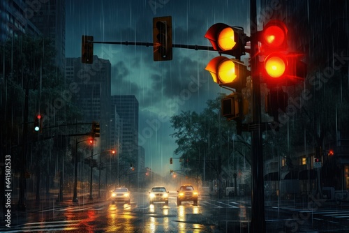 Rainy Night's Glowing Guidance: Traffic Lights above Wet Road 