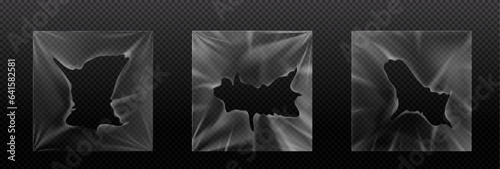 Torn vinyl cover with shrink and hole effect - realistic transparent broken plastic package. Vector illustration - overlay mockup of square cellophane or polythene wrap with opening gap and wrinkle.