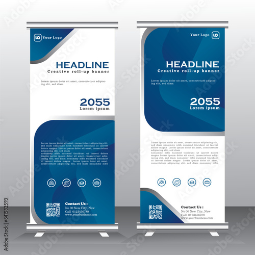 roll up banner design and vector template. blue color, standee banner design, vertical banner,  x-banner, standee Template. pull up banner, Brochure, Flyer. abstarct vector illustration