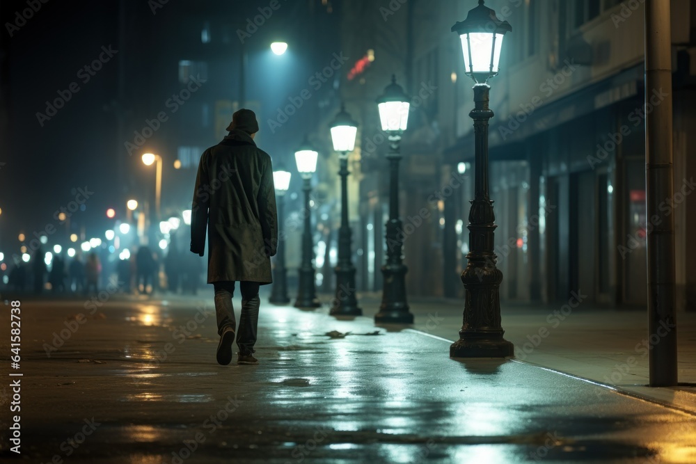 Urban Nighttime Reverie: Tranquil Scene of a Man Walking Under the Street Lamp's Light
