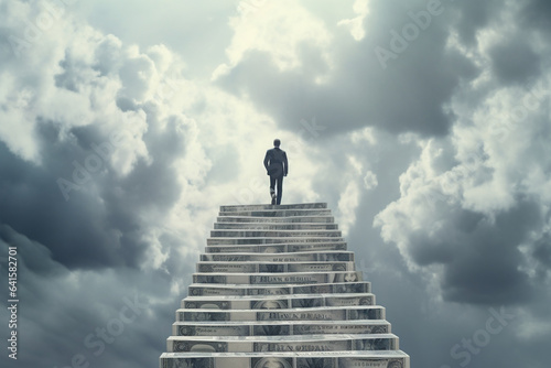businessman standing on ladder money stairs concept