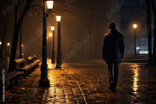 Moonlit Walkway  Man s Journey Under the Night Street Lamp s Gentle Glow 