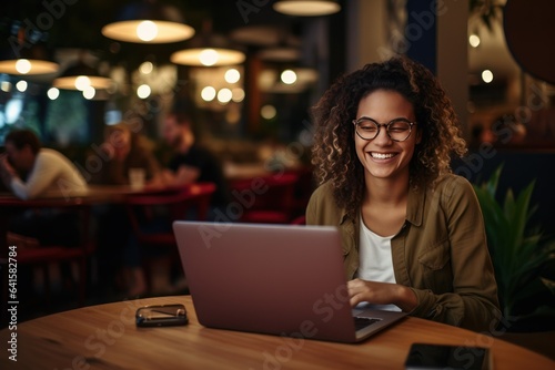 Latte Luminance: Eyeglass-Adorned Lady Finding Joy in Laptop Tasks within Cafe Confines 