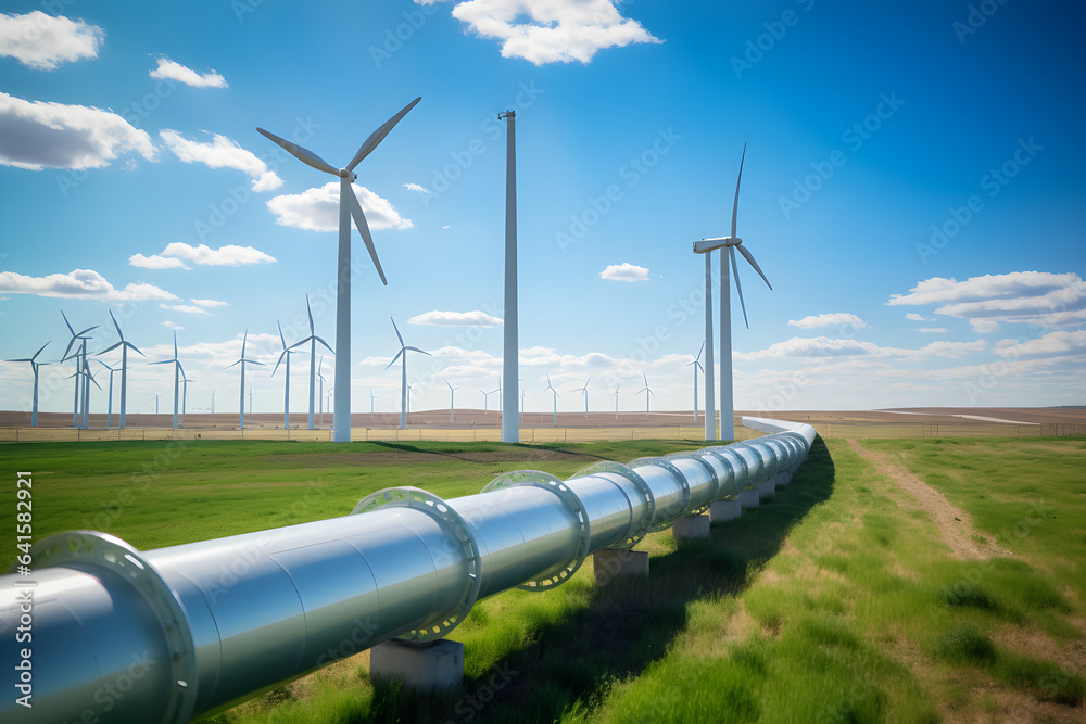 A hydrogen pipeline with wind turbines and in the background. Green hydrogen production concept - obrazy, fototapety, plakaty 