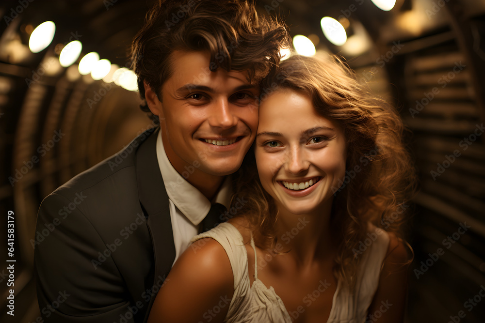 happy romantic couple in subway tunnel happy romantic couple in subway tunnel