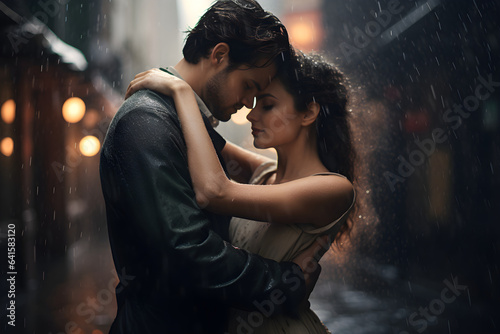 happy romantic couple hugging in the rain