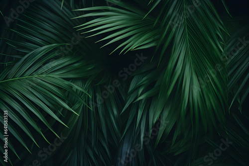 close-up of beautiful palm leaves in a wild tropical palm garden  dark green palm leaf texture concept full framed