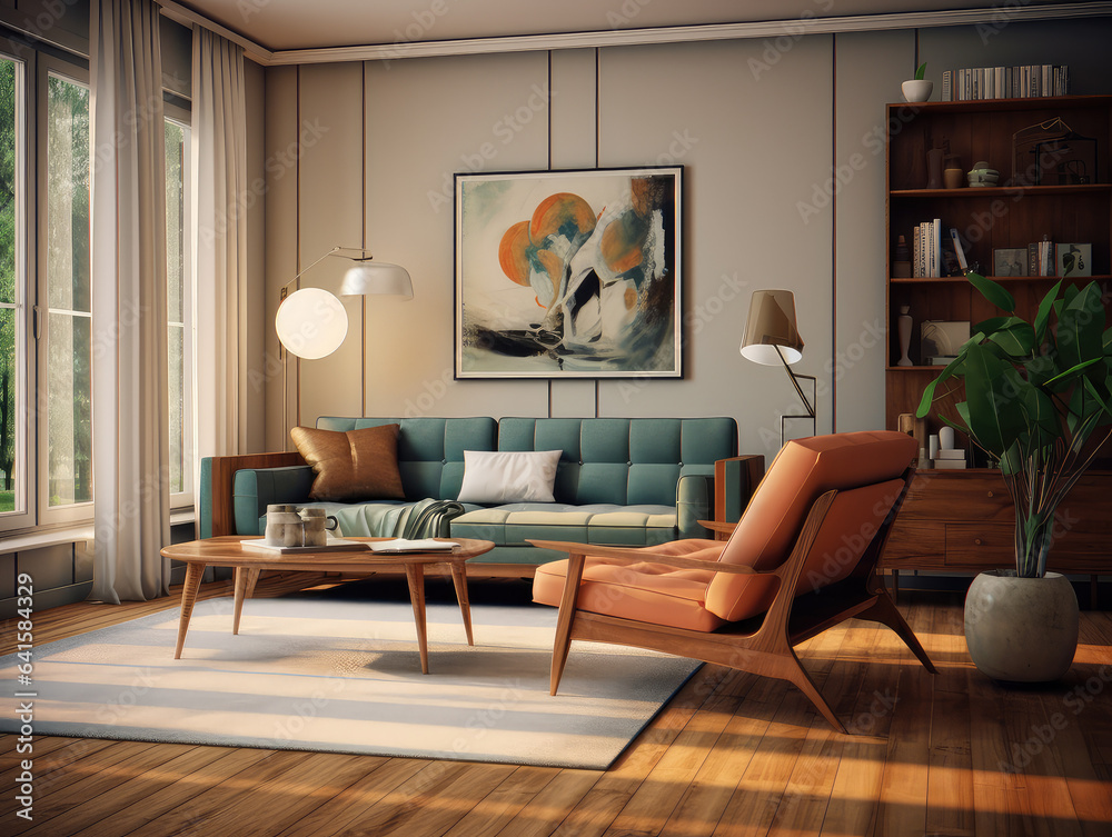 Fototapeta premium 3d Mid Centrury Modern Living Room Interior