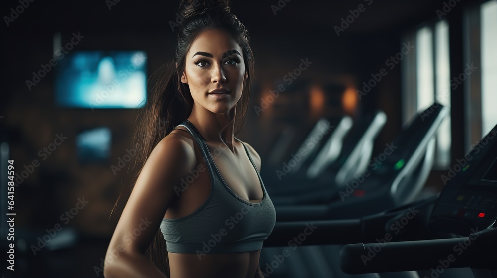 beautiful woman working out at gym, running on treadmill and doing fitness exercises, Generative AI