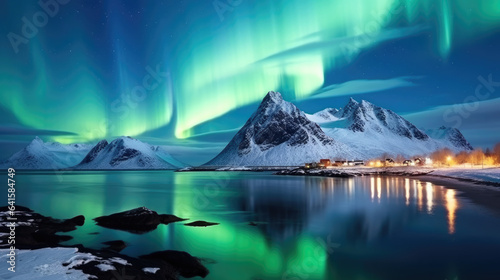 Aurora borealis over the sea, snowy mountains and city lights at night. Northern lights in Lofoten islands, Norway. Starry sky with polar lights. Winter landscape with aurora, reflection, sandy beach