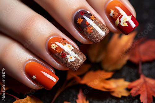 Woman's fingernails with orange and gold colored nail polish with autumn forest themed design
