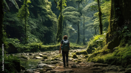 Backpacker walking through the jungle of Nepal