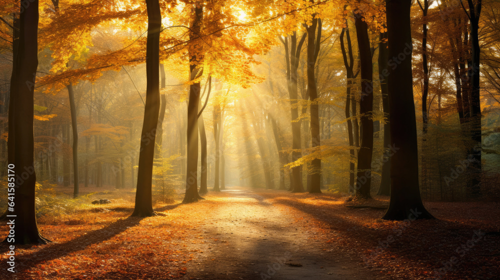 Fototapeta premium Panoramic Background Image of Beautiful Sunny Forest in Autumn with Sunbeams through Fog