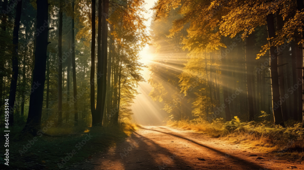 Panoramic Background Image of Beautiful Sunny Forest in Autumn with Sunbeams through Fog
